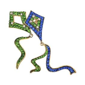 Blue Green Rhinestone Gold Tone Moving Kite Brooch
