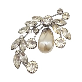 Faux Pearl Rhinestone Silver Tone Brooch