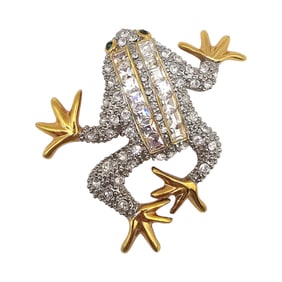 Rhinestone Gold Tone Frog Brooch