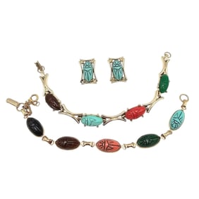 Judy Lee Lot Gold Tone Egyptian Revival Scarab Bracelets Earrings