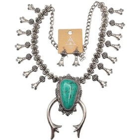 Faux Turquoise Fashion Jewelry Southwestern Squash Blossom Necklace Earrings Set