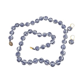 Vintage Asian Chinese Import Blue Porcelain Bead Necklace Earrings Set