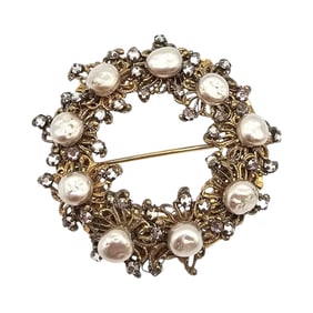 Miriam Haskell Faux Pearl Gold Tone Rhinestone Wreath Brooch