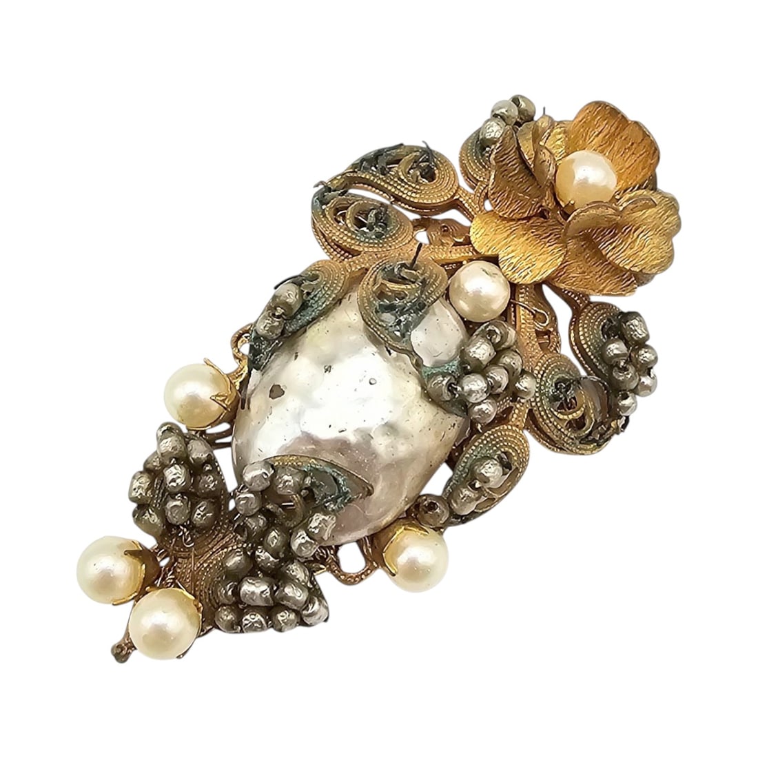 Vintage Miriam Haskell Faux Pearl Gold Tone Oval Brooch (1 of 4)