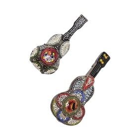 Mosaic Tile Floral Guitar Brooch Lot Of 2
