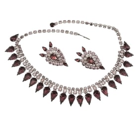 Vintage Purple Pink Rhinestone Collar Necklace Earrings Set