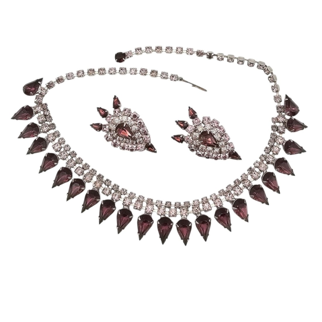 Vintage Purple Pink Rhinestone Collar Necklace Earrings Set (1 of 4)
