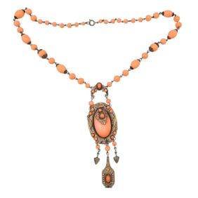 Czech Vintage Gold Tone Coral Color Bead Necklace