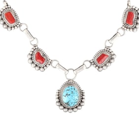 Tom Lewis Navajo Sterling Silver Turquoise and Coral Necklace