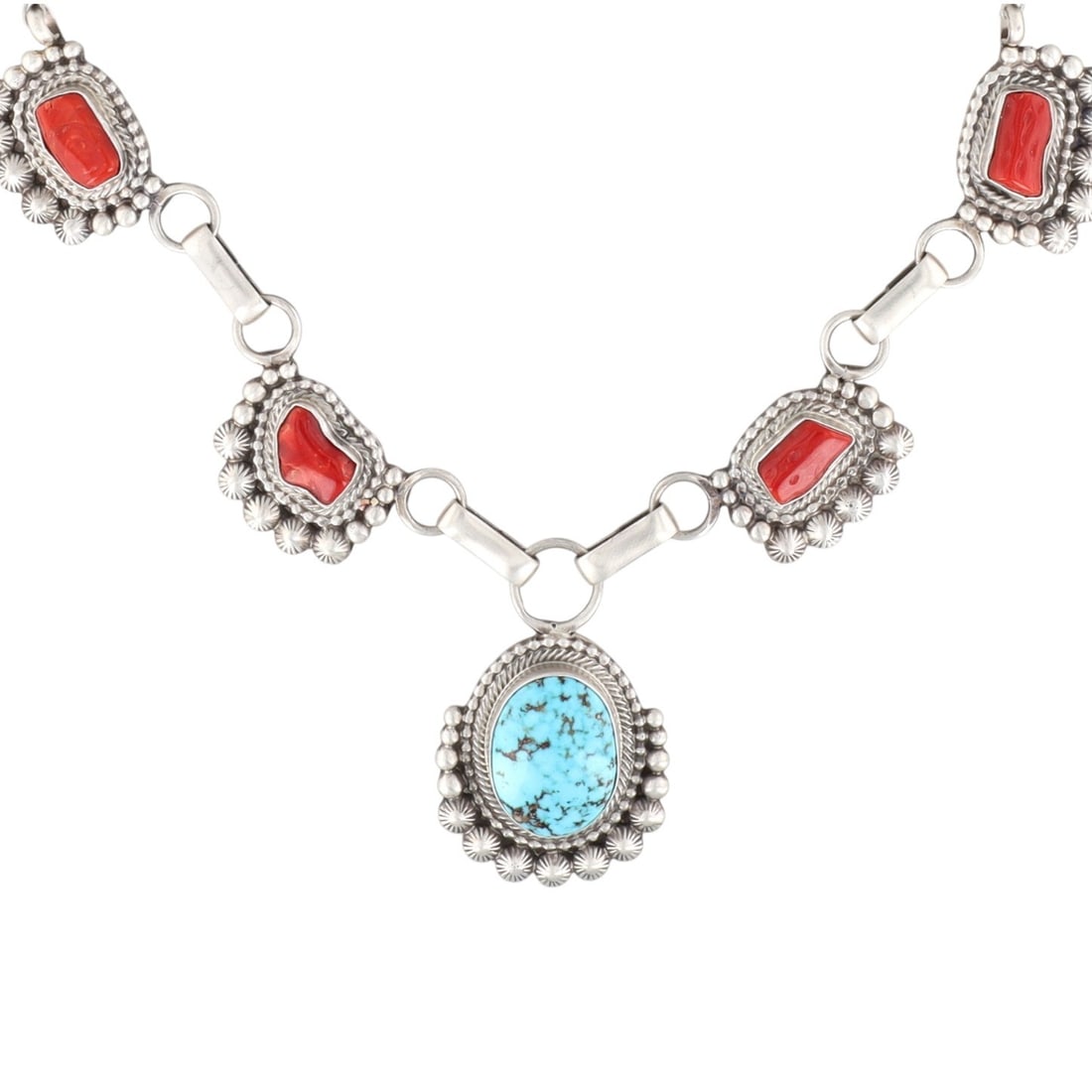 Tom Lewis Navajo Sterling Silver Turquoise and Coral Necklace