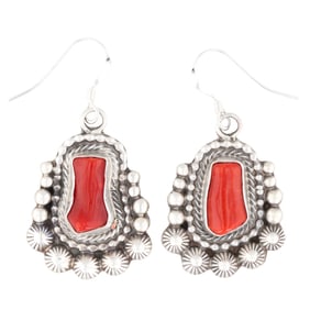 Tom Lewis Navajo Sterling Silver and Red Coral Dangle Earrings