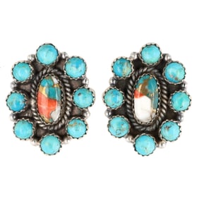 HaDa Collection Sterling Silver Spiny Oyster and Turquoise Cluster Earrings
