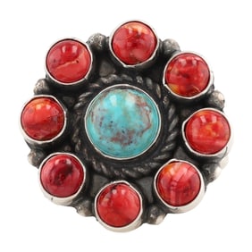 Navajo Devin Brown Sterling Silver Kingman Turquoise and Coral Cluster Adjustable Ring