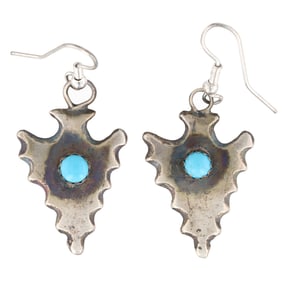 Cheryl Yazzie Navajo Sterling Silver and Kingman Turquoise Arrowhead Dangle Earrings