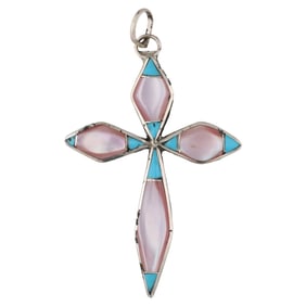James Kee Zuni Sterling Silver Turquoise and Mother-of-Pearl Inlay Cross Pendant