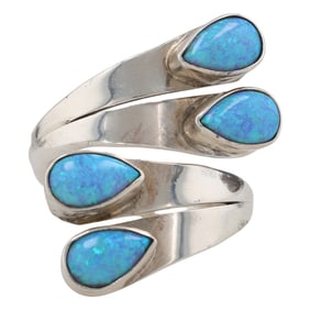 Thomas Yazzie Navajo Sterling Silver Four-Stone Blue Opal Adjustable Ring