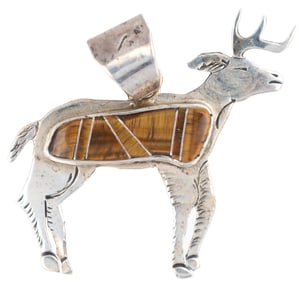 Wilson Dawes Navajo Handmade Sterling Silver Tiger Eye Deer Pendant