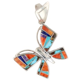 B. Joe Navajo Sterling Silver Multi-Stone Inlay Butterfly Pendant