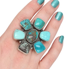 Tatum Skeets Navajo Handmade Sterling Carico Lake Turquoise Cluster Ring