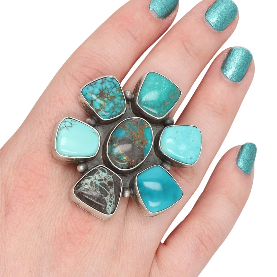 Tatum Skeets Navajo Handmade Sterling Carico Lake Turquoise Cluster Ring (1 of 7)