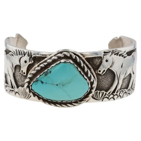 Lloyd Becenti Navajo Sterling Thunder Mountain Turquoise Horse Motif Cuff Bracelet