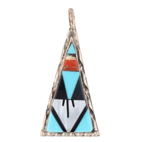Wilson and Carol Niiha Zuni Multi Stone Geometric Inlay Sterling Silver Triangular Pendant