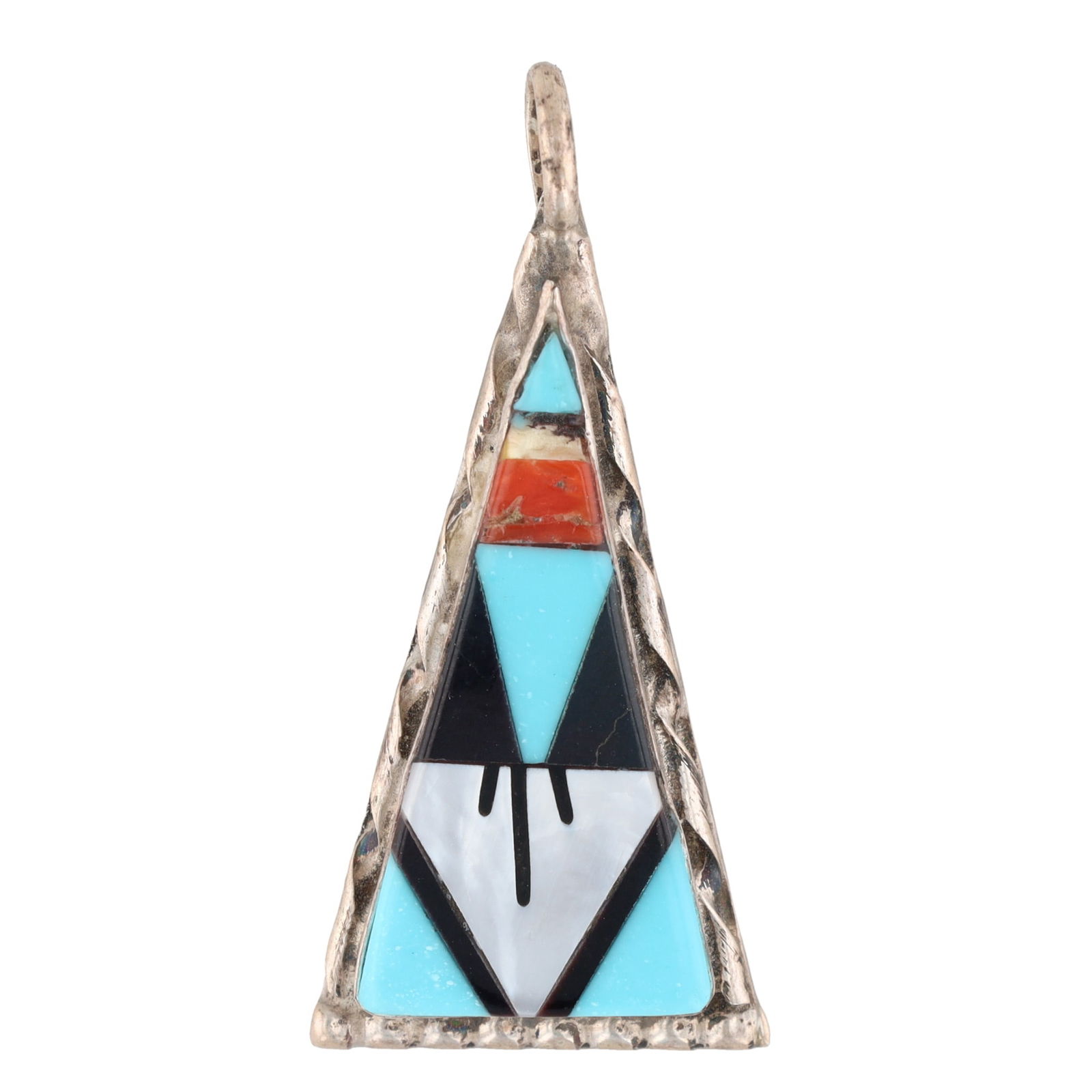 Wilson and Carol Niiha Zuni Multi Stone Geometric Inlay Sterling Silver Triangular Pendant (1 of 4)