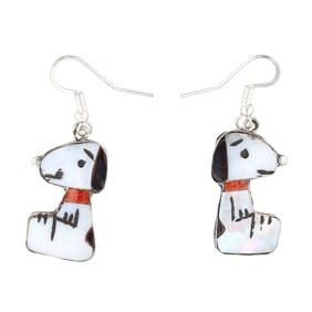 Zuni Shenel Comasona Sterling Silver Inlaid Snoopy Dangle Earrings