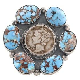 Penny Nathan Navajo Sterling Golden Hills Turquoise Mercury Dime Ring