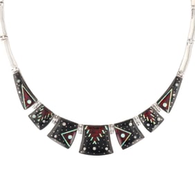 A Wilson Dawes Navajo Sterling Silver Multi-Stone Inlay Collar Necklace