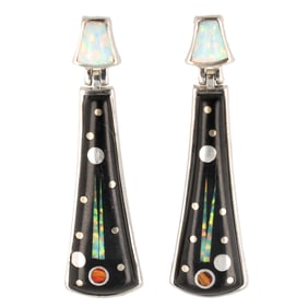 Wilson Dawes Navajo Sterling Night Sky Inlay Dangle Earrings