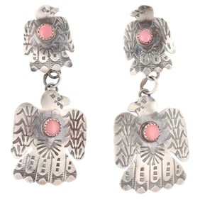 Tonya Yazzie Navajo Pink Conch and Sterling Silver Thunderbird Drop Earrings