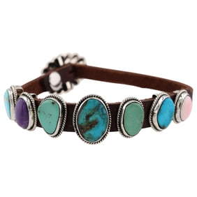 Brandon Williams Navajo Sterling Silver and Multi-Stone Leather Bracelet