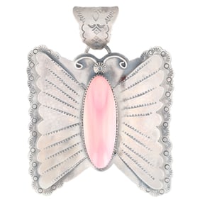 Nelson Nez Navajo Sterling Silver Pink Conch Butterfly Pendant