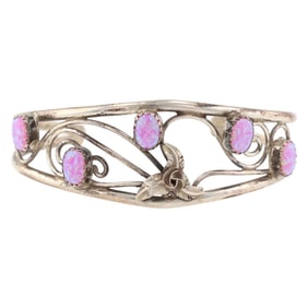 A Navajo Sterling Silver Pink Opal Flower Cuff Bracelet by Caroline Nez