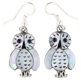 Reginda Kallest Zuni Sterling Silver Mother-of-Pearl Owl Inlay Dangle Earrings