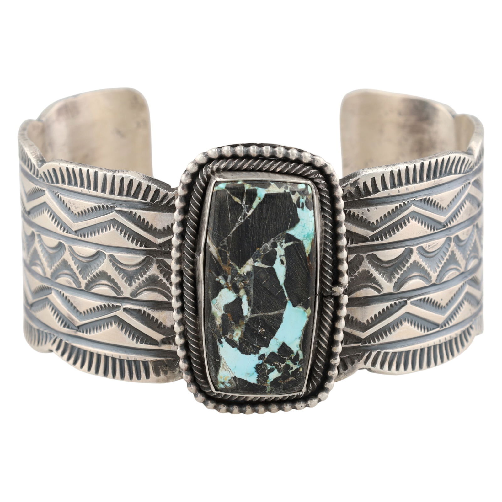 A Navajo Sterling Silver and Blackjack Turquoise Cuff Bracelet by Tillie Jon (1 of 9)