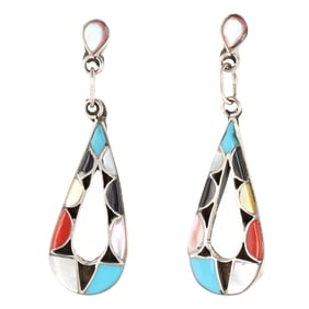 Zuni Sterling Silver Multi-Stone Inlay Dangle Earrings by Emma Bowakaty