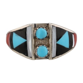 Vintage Delberta Boone Zuni Sterling Silver Multi-Stone Inlay Ring