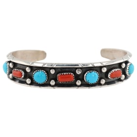 Reed Charley Navajo Sterling Silver Turquoise and Coral Cuff Bracelet