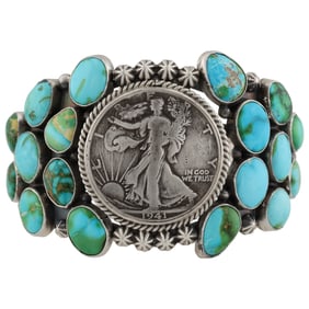 A Derrick Gordon Navajo Sterling Sonoran Gold Walking Liberty Coin Cuff Bracelet