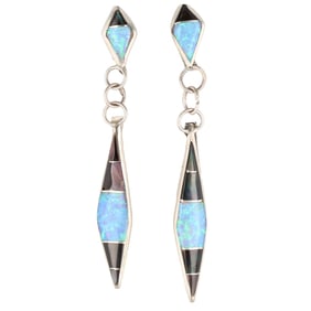 James Kee Zuni Sterling Silver Onyx Opal Inlay Drop Earrings