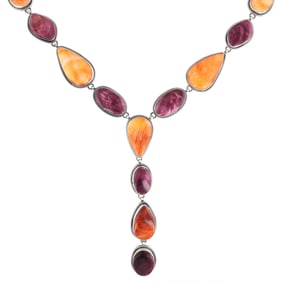 Bessie Skeets Navajo Sterling Orange Purple Spiny Oyster Y-shaped Necklace