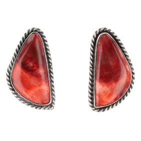 A Pair of Navajo Handmade Sterling Silver and Spiny Oyster Earrings by Judith Dixon