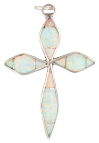 James Kee Zuni Sterling Silver Opal Inlay Cross Pendant