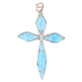 James Kee Zuni Sterling Silver Opal Inlay Cross Pendant