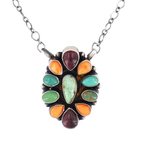 Navajo Multi-Stone and Sterling Silver Cluster Necklace