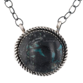Navajo Tia Long Sterling Rare Blue Moon Turquoise Pendant Necklace