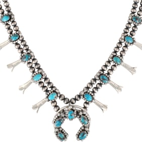 Leona Delgarito Navajo Sterling Kingman Turquoise Squash Blossom Necklace