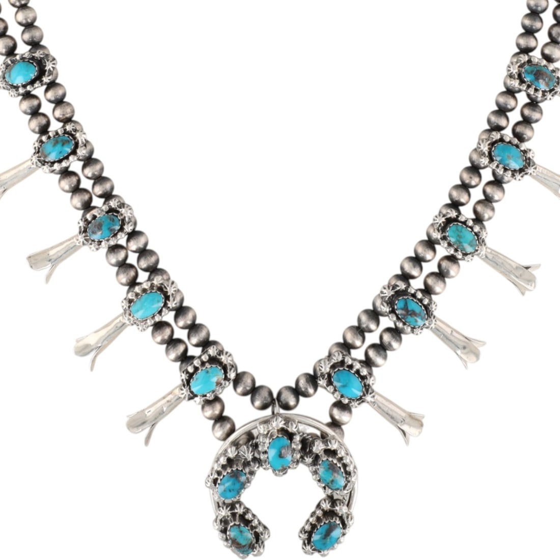 Leona Delgarito Navajo Sterling Kingman Turquoise Squash Blossom Necklace (1 of 7)